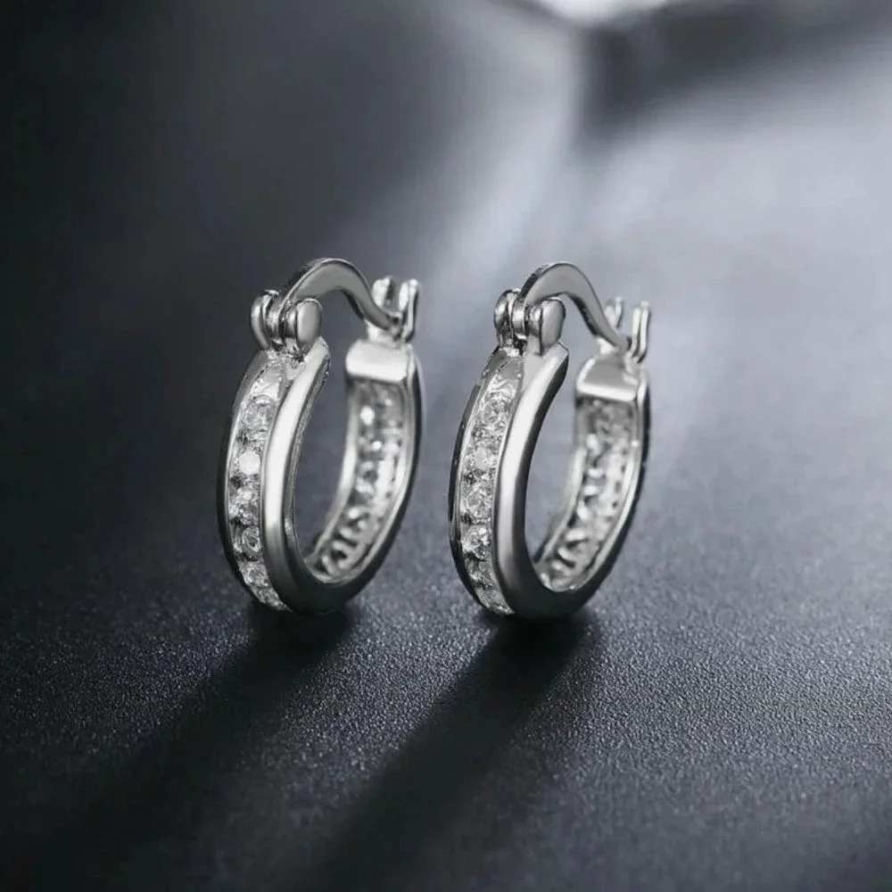 925 Sterling Silver Diamond Huggie Hoop Earrings